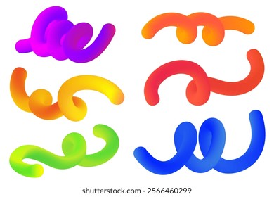 3D gradient shapes. Abstract rainbow colored fluid swirl elements on white background. Vector wavy blend spiral objects. Dynamic organic neon strokes. Bright gradation stripes