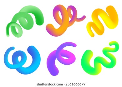 3D gradient swirl shapes. Abstract gradient wavy shapes on white background. Vector spiral blend graphic dynamic elements. Bright neon organic strokes with color gradation.