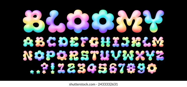 3D gradient Y2K balloon bubble font with inflatable rainbow English alphabet letters and numbers in stylized flower shapes, perfect for Easter, spring, or summer design. Isolated vector illustration