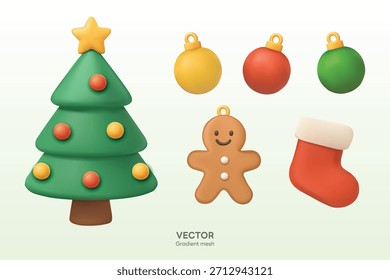 Ilustración de malla de gradiente 3D de un árbol de Navidad y decoraciones festivas de pan de jengibre, que representan la celebración navideña, la temporada invernal, adornos y Elementos de diseño con temas navideños.