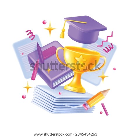 3D graduate cap banner, vector education golden cup, online study concept, school book, pencil. University courses success trophy diploma, college training lesson clipart, papers. Digital 3D education