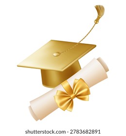 3d graduate cap with scroll. Diploma with golden bow. Roll paper document. Graduation education certificate of university, college, high school. Vector illustration. EPS 10.