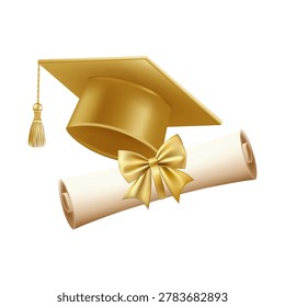 3d graduate cap with scroll. Diploma with golden bow. Roll paper document. Graduation education certificate of university, college, high school. Vector illustration. EPS 10.