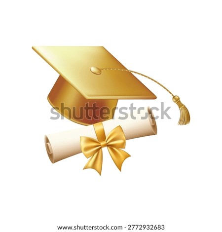 3d graduate cap with scroll. Diploma with golden bow. Roll paper document. Graduation education certificate of university, college, high school. Vector illustration. EPS 10.
