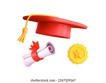 3d graduate red hat ,certify stamp and diploma icon. Education, training, knowledge concept. Vector cartoon illustration