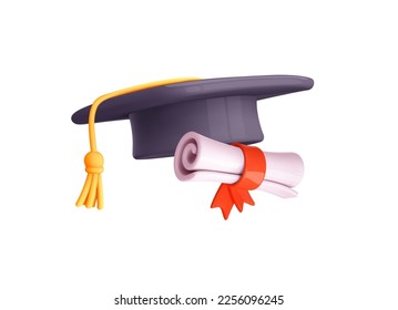 3d graduateand diploma icon. Student cap throw in realistic minimal style. Education, training, knowledge concept. Vector cartoon illustration