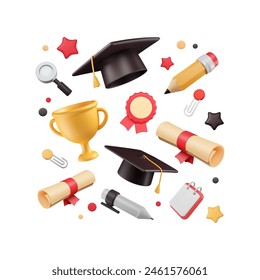 3d graduating elements in square arrangement. Student hats, cup, achievement, diploma, stationery objects, stars and confetti. Vector illustration. Academic, graduation cartoon symbols render.