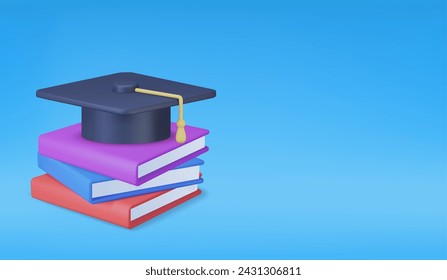 3D graduation cap and book. Education concept. Back to school, banner design template. 3d rendering. Vector illustration