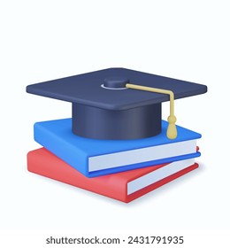 3D graduation cap and book. Education concept. Back to school, banner design template. 3d rendering. Vector illustration