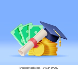 3D Graduation Cap and Diploma with Gold Coin and Dollar Banknotes Isolated. Render Cash Money for Education, Savings and Investment Concept. Academic and School Knowledge. Vector Illustration