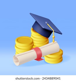 Tapa de Graduación 3D y Diploma con Moneda de Oro Aislado. Entregar dinero en efectivo para la educación, el ahorro y el concepto de inversión. Conocimiento académico y escolar. Ilustración vectorial