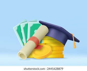 Tapa de Graduación 3D y Diploma con Moneda de Oro y Billetes de Dólar. Dinero en efectivo para educación, ahorro e inversión. Conocimiento académico y escolar. Procesamiento 3D. Ilustración de vector