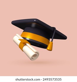 3d graduation cap and diploma. Symbolizes education and degree ceremonies.