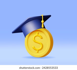 3D Graduation Cap and Gold Coin Isolated. Render Money for Education, Savings and Investment Concept. Academic and School Knowledge. Realistic Vector Illustration