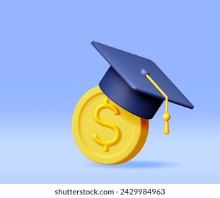 3D Graduation Cap and Gold Coin Isolated. Render Money for Education, Savings and Investment Concept. Academic and School Knowledge. Realistic Vector Illustration