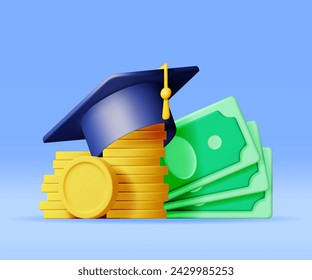 Tapa de Graduación 3D con Moneda de Oro y Billetes de Dólar Aislados. Entregar dinero en efectivo para la educación, el ahorro y el concepto de inversión. Conocimiento académico y escolar. Ilustración vectorial realista