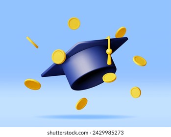 3D Graduation Cap with Gold Coins Banknotes Isolated. Render Cash Money for Education, Savings and Investment Concept. Academic and School Knowledge. Realistic Vector Illustration