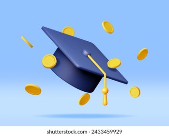 Tapa de Graduación 3D con Monedas de Oro Billetes aislados. Entregar dinero en efectivo para la educación, el ahorro y el concepto de inversión. Conocimiento académico y escolar. Ilustración vectorial realista