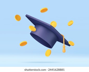 Tapa de graduación 3D con monedas de oro. Dinero en efectivo para educación, ahorro e inversión. Conocimiento académico y escolar. Procesamiento 3D. Ilustración de vector