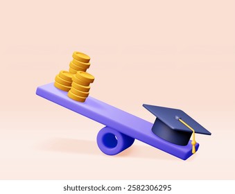 3D graduation cap and golden coins on scales. Render money with graduation hat on scales. Education cost concept. Money spending on education, investment in future. Vector illustration