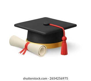 boné de graduação 3d ou chapéu com rolo de papel diploma, isolado no fundo branco. Ícone graduado no vetor 3d