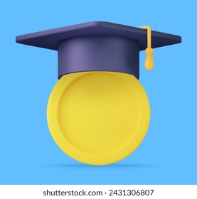 3d Graduation cap icon. High school college university complete. College cap, mortar board. Education, degree ceremony concept. 3d rendering. Vector illustration