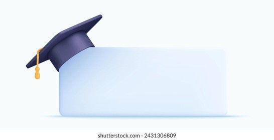 3d Graduation cap icon. High school college university complete. College cap, mortar board. 3d degree ceremony hat with white paper banner. 3d rendering. Vector illustration