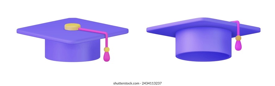 Icono de tapa de graduación 3d. Universidad de la escuela secundaria completa. Gorra universitaria, tablero de mortero. Educación, concepto de ceremonia de grado. renderizado 3d. Ilustración de vector