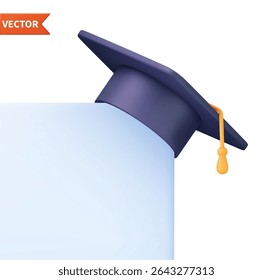 3d Graduation cap icon. High school college university complete. College cap, mortar board. 3d degree ceremony hat with white paper banner. 3d rendering. Vector illustration