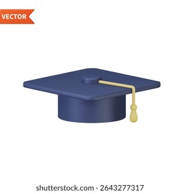 3d Graduation cap icon. High school college university complete. College cap, mortar board. Education, degree ceremony concept. 3d rendering. Vector illustration