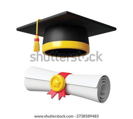 3d graduation cap with student diploma. Vector mortarboard hat with tassel and rolled certificate tied with ribbon. Academic education symbol of student success, achievement and completion of studies