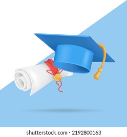 3D graduation cap,book and diploma. Education concept. Back to school, banner design template. Vector illustration