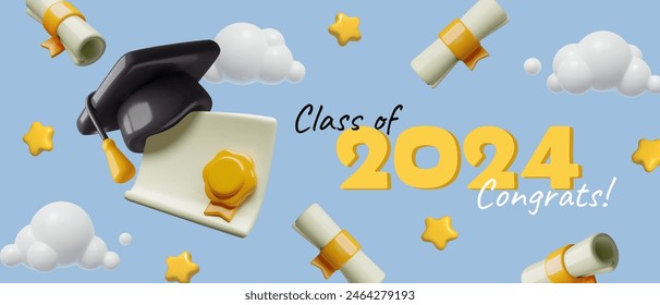 3D Graduation class of 2024 congratulation banner with falling diplomas, stars and student caps. Realistic three dimensional education background. 