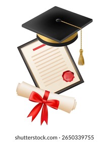 3d Graduation diploma scroll with graduate hat. Vintage roll paper with black mortarboard. Graduation education certificate of university, college, or school. Vector illustration. EPS 10.
