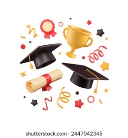 3d graduation elements in square arrangement. Academic hat, golden cup, diploma, firecracker of confetti of stars, dots, serpentine. Vector illustration. Student cap, award medal in plastic style.