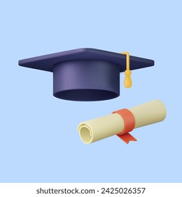 3d graduation hat and diploma cartoon. 3d rendering university student cap mortarboard and diploma graduation concept. Vector illustration