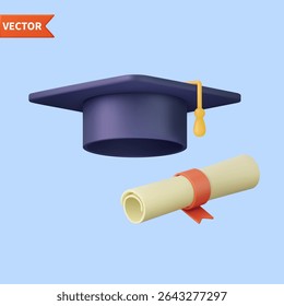 3d graduation hat and diploma cartoon. 3d rendering university student cap mortarboard and diploma graduation concept. Vector illustration