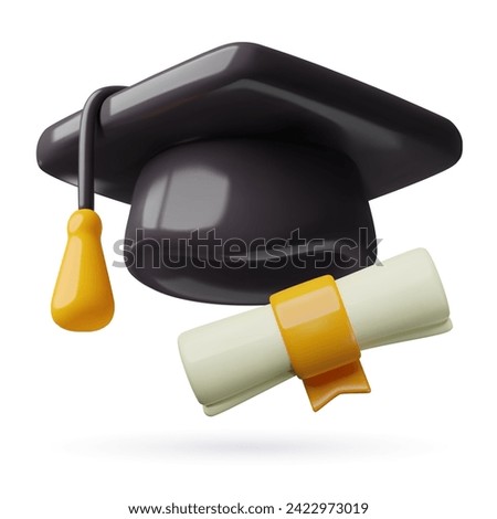 3d graduation hat with diploma icon. Three dimensional realistic black mortarboard cap and paper scroll certificate with gold ribbon. Cute plastic minimal vector illustration.