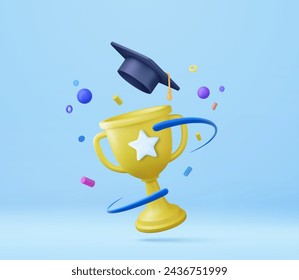 3d graduation hat and trophy. 3D graduation of university, college for student. education diploma for student award ceremony concept. 3d rendering. Vector illustration