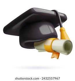 3d graduation icon with mortarboard cap and diploma scroll. Three dimensional black student hat and education certificate with gold ribbon. Cute plastic minimal vector objects.