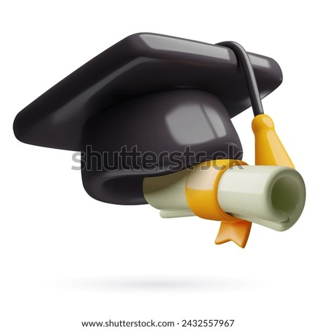 3d graduation icon with mortarboard cap and diploma scroll. Three dimensional black student hat and education certificate with gold ribbon. Cute plastic minimal vector objects.