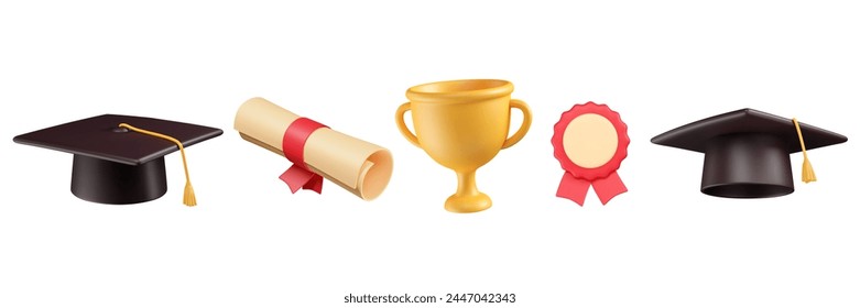 Conjunto de iconos de graduación 3d. Gorra de estudiante académico, diploma en un paquete, medalla en estilo plástico, copa de oro. Logros para graduados escolares o universitarios. Pegatinas aisladas de Vector. Ilustración de dibujos animados.