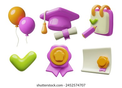 3d graduation purple icons set. Celebration and achievement three dimensional render elements collection. Vector illustration on white background.