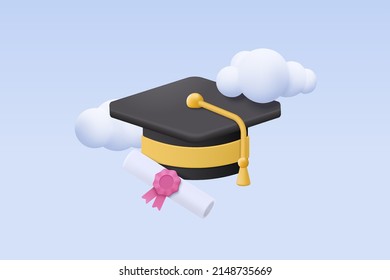 3D graduation of university, college for student concept. graduation hat and diploma cartoon style with sky cloud background. 3d vector education diploma for student study success render illustration