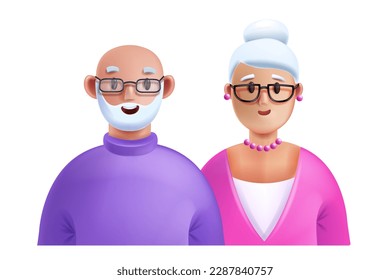3D grandparent portrait, vector old couple, elder woman with man avatar face cartoon character. Happy adult age people, grandma and grandpa funny family, happy retirement seniors. Old couple clipart
