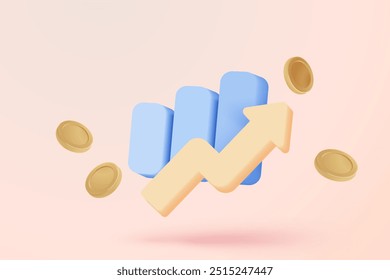 3D graph up with alert notice icon for finance statistic, sell and buy report. analyzing investment money cash and exchange with finance. 3d trading stock report icon vector render illustration