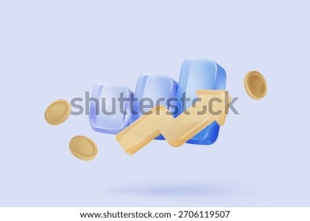 3D graph up with alert notice icon for finance statistic, sell and buy report. analyzing investment money cash and exchange with finance. 3d trading stock report icon vector render illustration