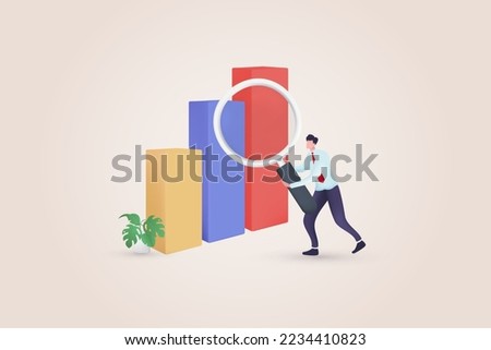 3D graph analysis stock with plummeting with character holding a magnifying glass. Business failure with negative trend concept