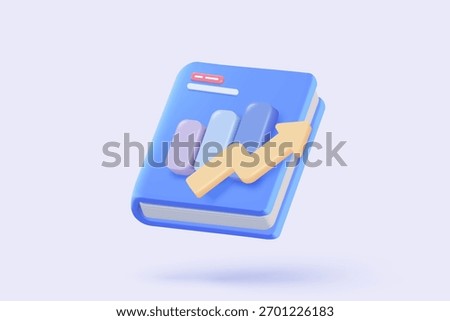 3D graph up with book alert notice icon for finance statistic, sell and buy report. analyzing investment money cash and exchange with finance. 3d trading stock report icon vector render illustration