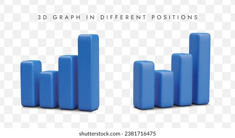 3d graph in different positions. Chart or diagram in blue color for website, documentation or presentation. Concept of sale. Vector illustration in 3d style
